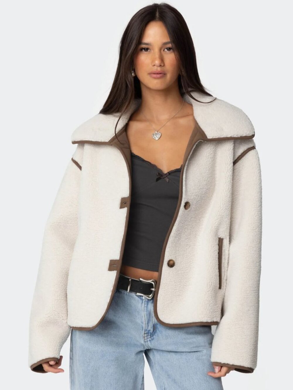 Edikted - Frost Oversized Faux Shearling Jacket - XS - Brown & Cream